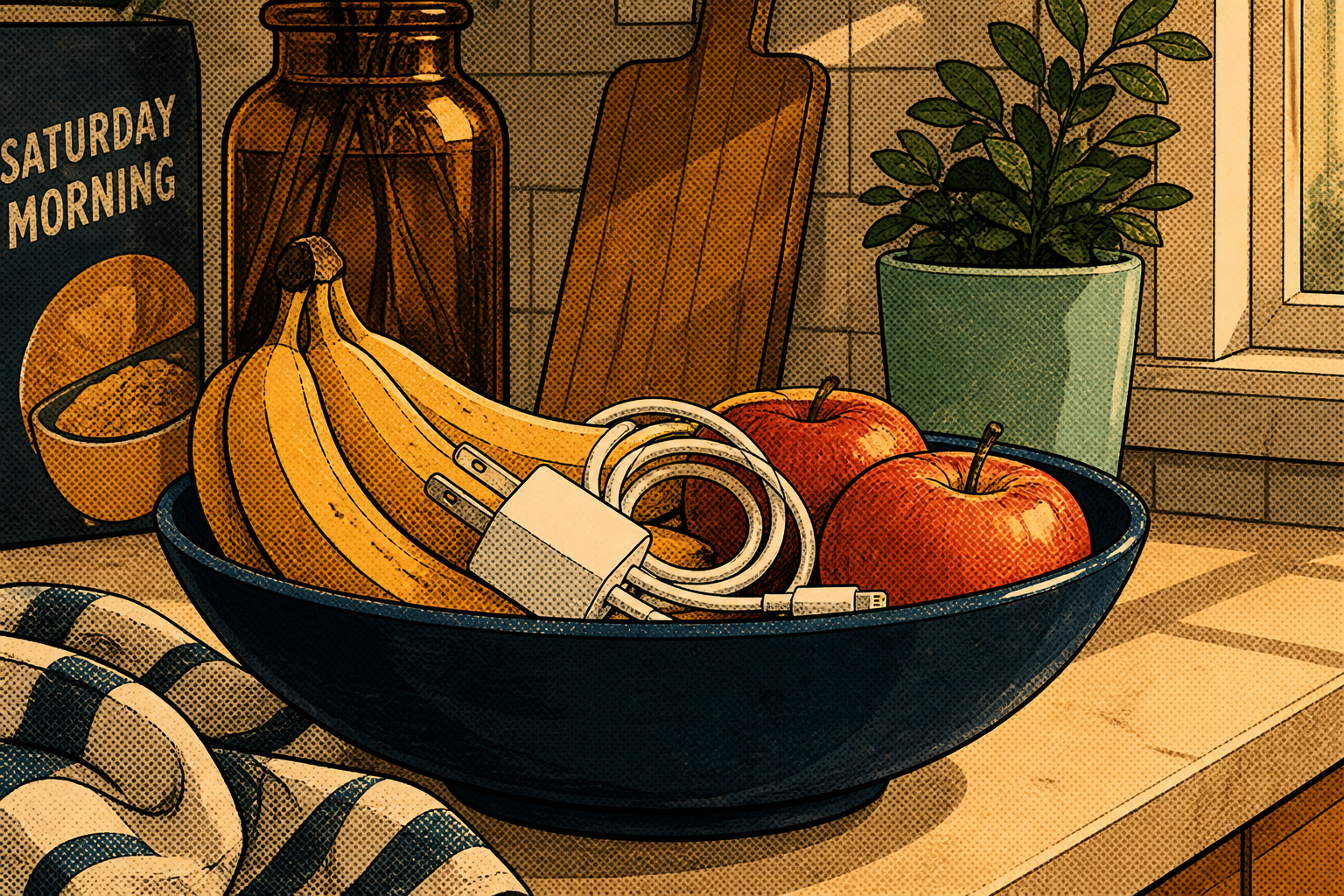 Hannah stuck the charger in the fruit bowl so he wouldn't lose it Tuesday.
