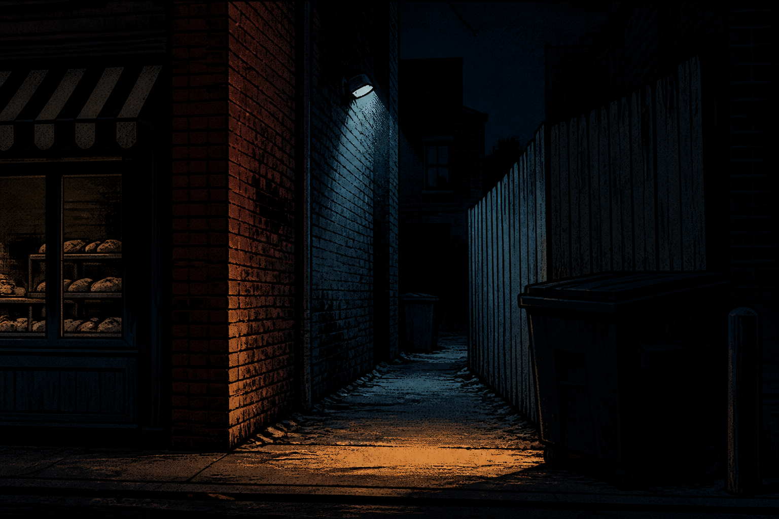 Night alley mouth between brick and fence